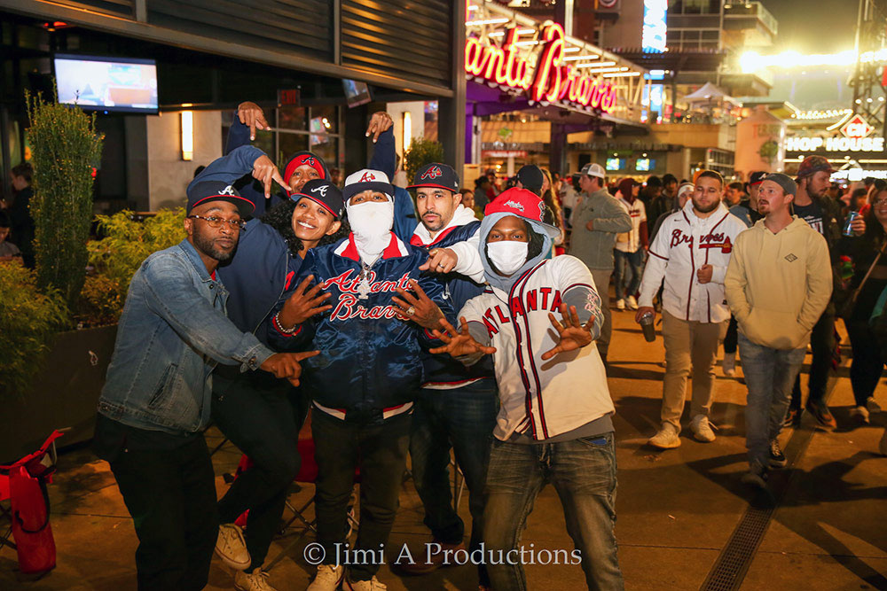 Braves fans pose in Braves Country